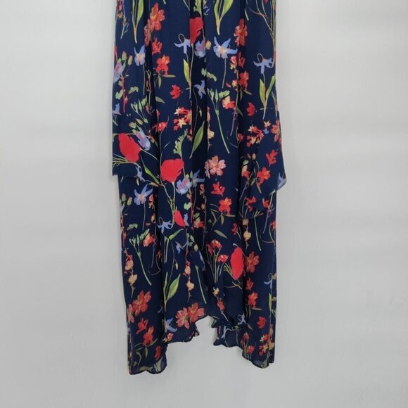 Parker Kam Silk Floral Cold Shoulder Tiered Midi Dress Asymmetrical Small Women - Picture 5 of 16